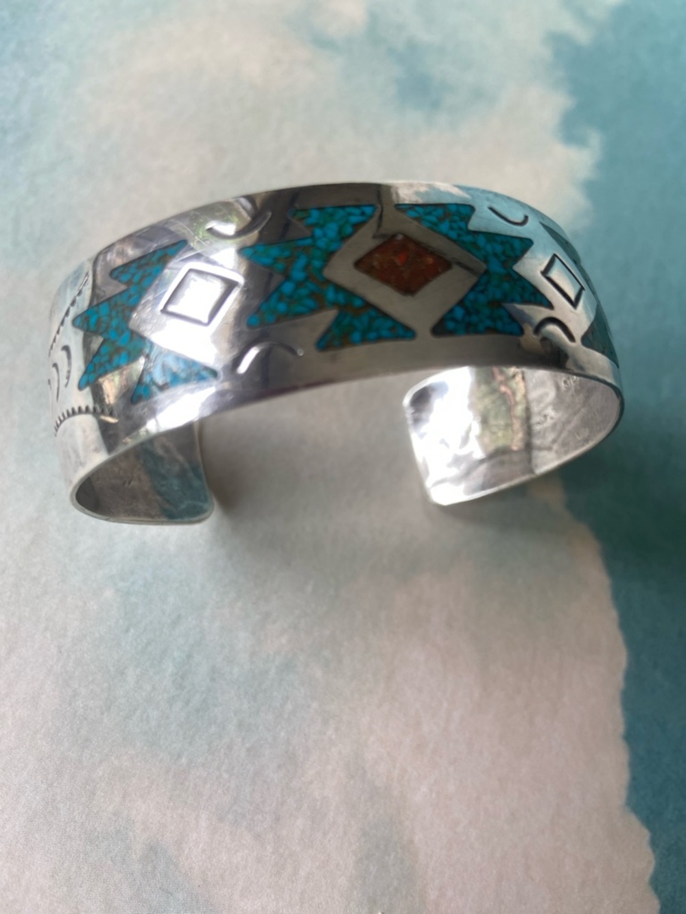 Turquoise and Corral Inlay Sterling Silver Cuff Bracelet, Native American - Picture 9 of 12